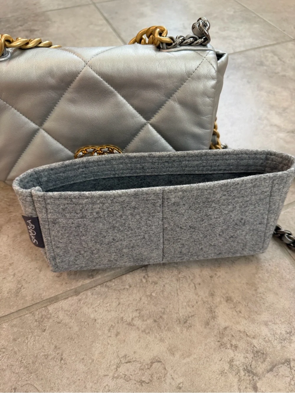 CHANEL 19 medium Silver Quilted Lambskin Shoulder Bag with Gold , silver Chain